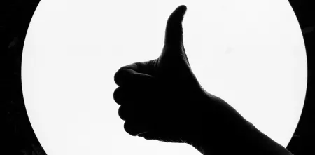 Ein Esilhouette einer Hand (geballt mit Daumen nach oben) vor weißem Hintergrund.