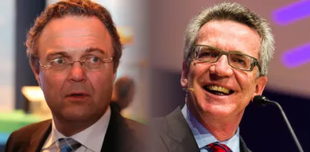 Portraitaufnahmen von Hans-Peter Friedrich (links) und Thomas de Maizière (rechts).