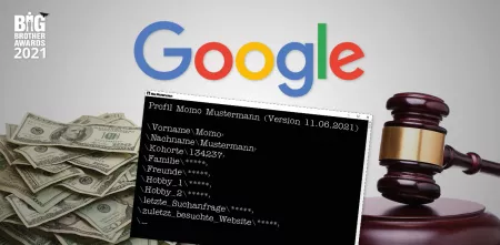 Collage: Präsent in der Mitte oben das Logo von Google. Links darunter ein Stapel Geld, mittig darunter persönliche Daten, rechts darunter ein Richter.innenhammer.