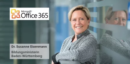 Portraitaufnahme von Susanne Eisenmann. Außerdem das Logo von Microsoft 365 in der linken, oberen Bildhälfte. Darunter der Text: „Dr. Susanne Eisenmann. Bildungsministerin Badem-Württemberg.“