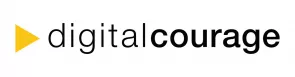 Logo von Digitalcourage. Links ein gelbes Dreieck. Rechts daneben ein serienloser Schriftzug (Digitalcourage), wobei "courage" fettgedruckt ist.