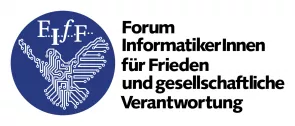 Logo des Vereins „Forum InformatikerInnen für Frieden und gesellschaftliche Verantwortung“ (FIfF). Blauer Kreis, darauf eine Friedenstaube und der Schriftzug FIfF.