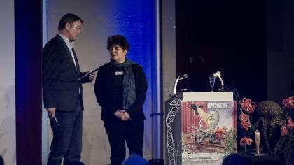 Moderator Andreas Liebold interviewt Rena Tangens.