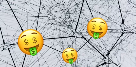 Viele Kabel, die miteinander verbunden sind. Emojis als Knotenpunkte mit einer Dollar-Zunge.