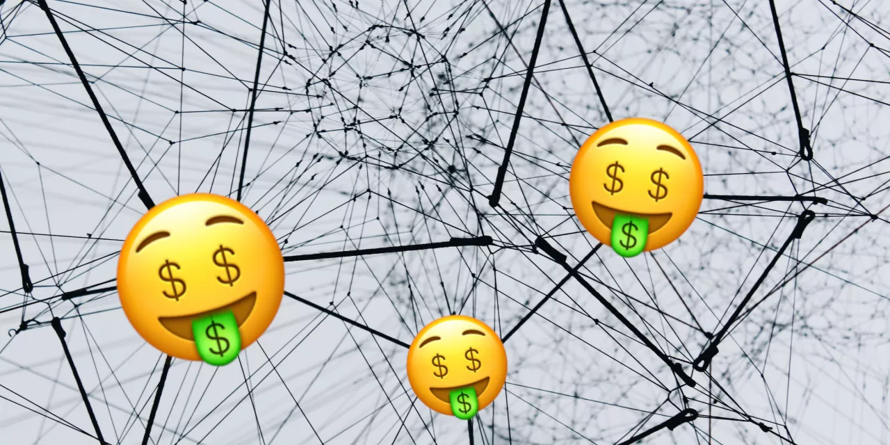 Viele Kabel, die miteinander verbunden sind. Emojis als Knotenpunkte mit einer Dollar-Zunge.